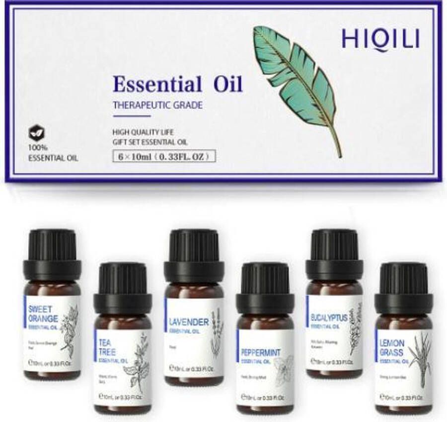 HIOLI HIOILI 6x10ml Vegan Essentiële Olie 100% Puur en Natuurlijk Geschikt voor Aroma diffuser Massage Essentiële olie set Lavendel Pepermunt Citroengras Thee boom Zoete sinasappel