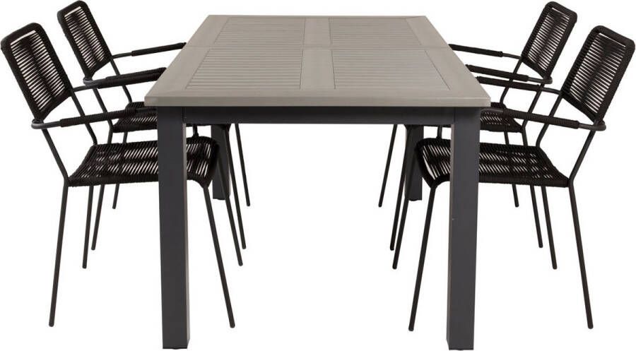 Hioshop Albany tuinmeubelset tafel 100x160 240cm en 4 stoel S armleuning Lindos zwart grijs