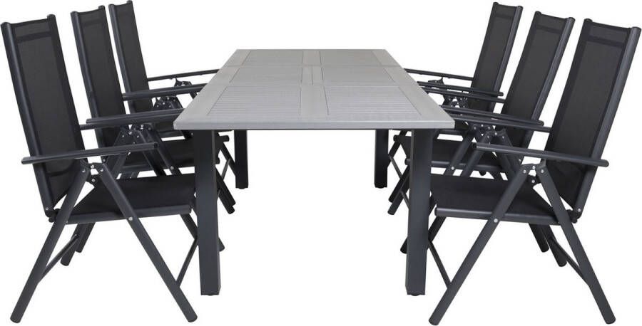 Hioshop Albany Tuinmeubelset Tafel 100x160 240cm En 6 Stoel Break Zwart Grijs.