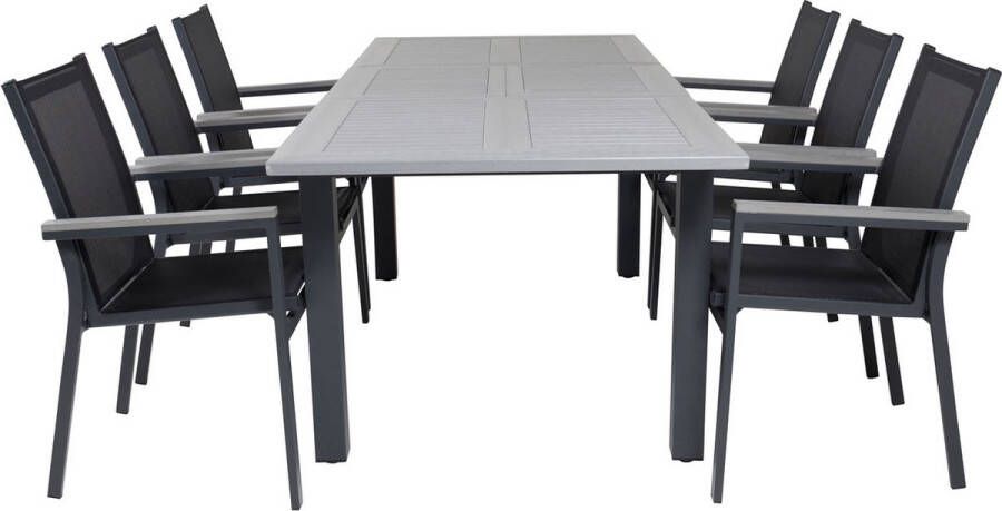Hioshop Albany tuinmeubelset tafel 100x160 240cm en 6 stoel Parma zwart grijs