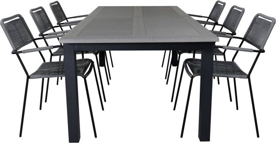 Hioshop Albany tuinmeubelset tafel 100x224 324cm en 6 stoel armleuning Lindos zwart grijs