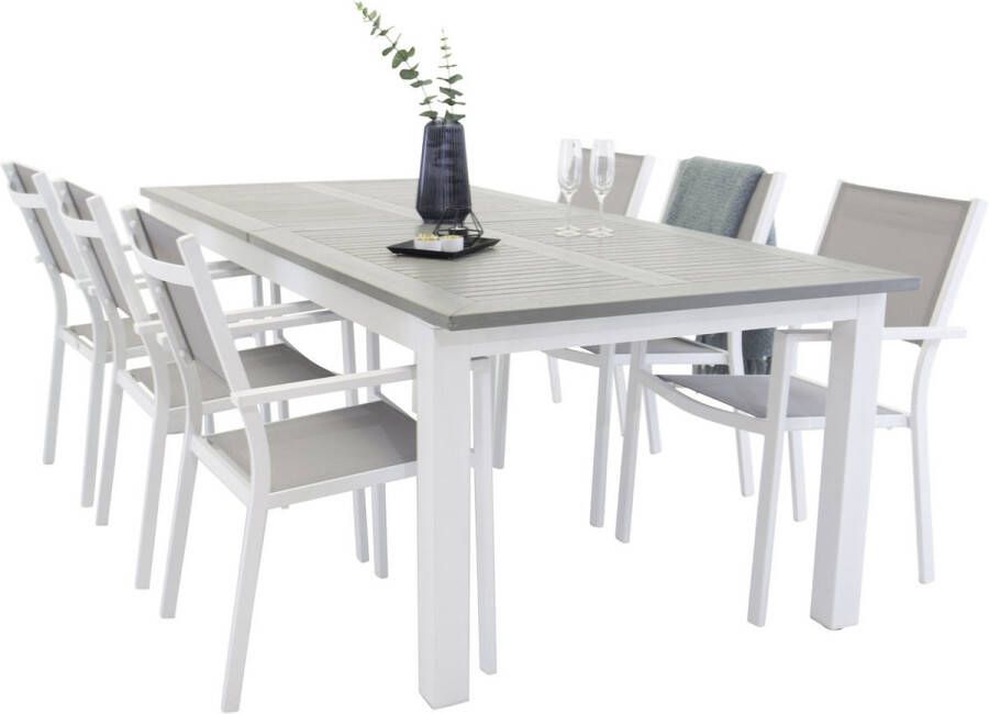 Hioshop Albany tuinmeubelset tafel 100x224 324cm en 6 stoel stapel Copacabana wit grijs