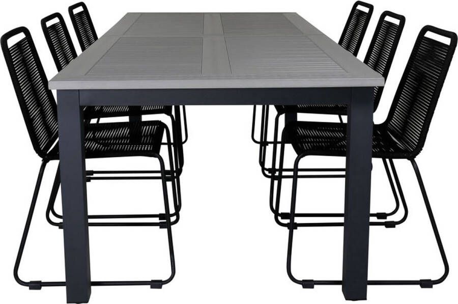 Hioshop Albany tuinmeubelset tafel 100x224 324cm en 6 stoel stapel Lindos zwart grijs