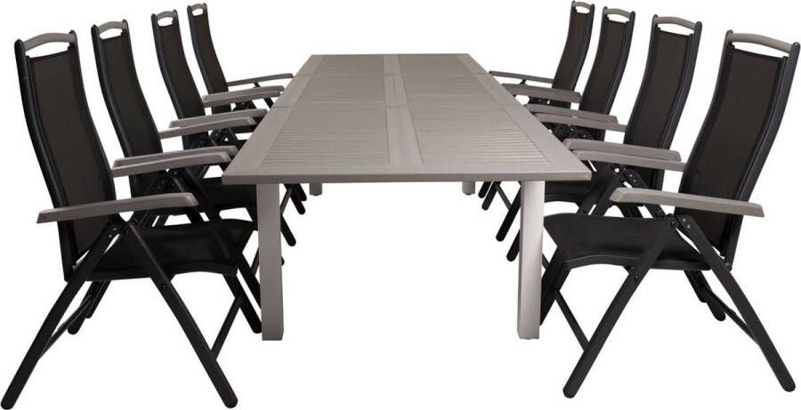 Hioshop Albany tuinmeubelset tafel 100x224 324cm en 8 stoel 5pos Albany zwart grijs