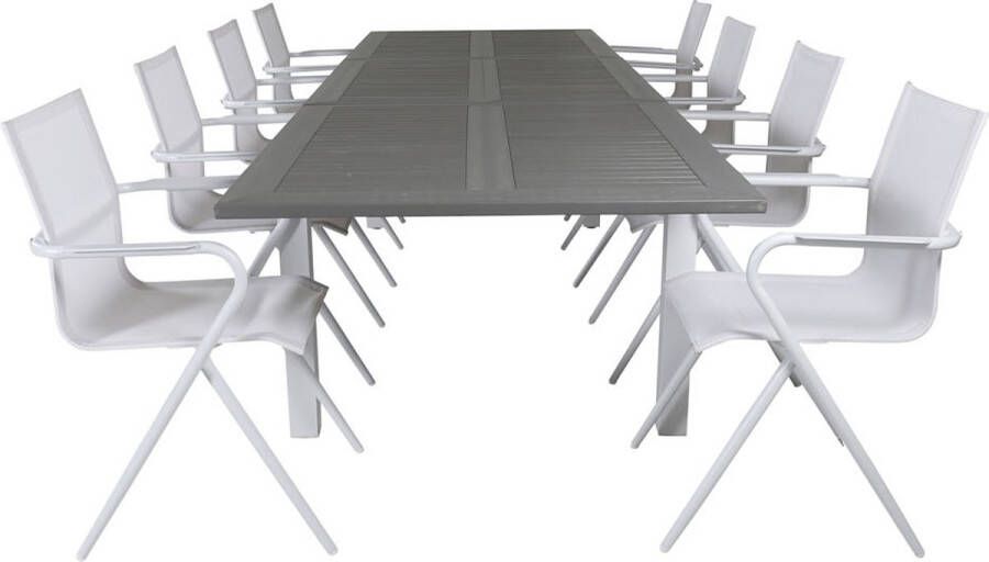 Hioshop Albany tuinmeubelset tafel 100x224 324cm en 8 stoel Alina wit grijs