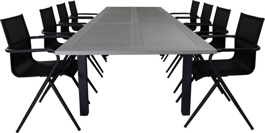 Hioshop Albany tuinmeubelset tafel 100x224 324cm en 8 stoel Alina zwart grijs