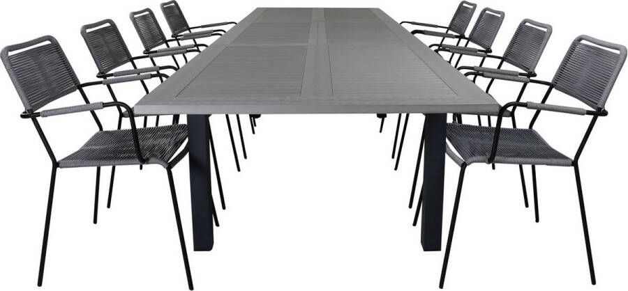 Hioshop Albany tuinmeubelset tafel 100x224 324cm en 8 stoel armleuning Lindos zwart grijs