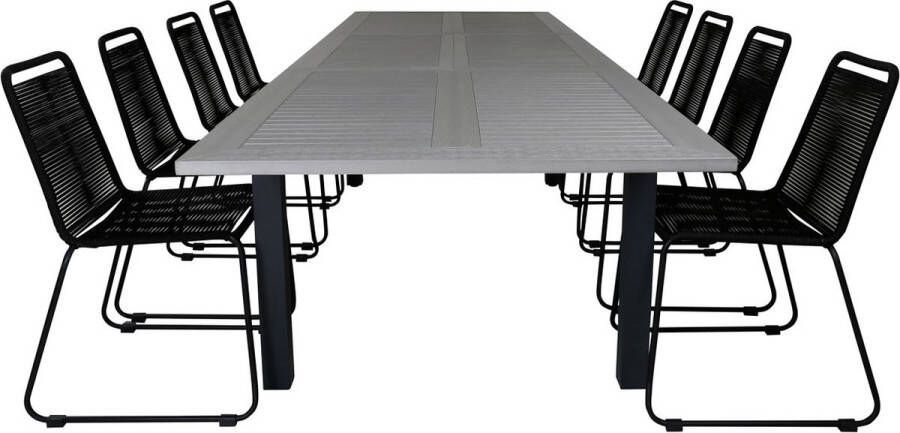 Hioshop Albany tuinmeubelset tafel 100x224 324cm en 8 stoel stapel Lindos zwart grijs