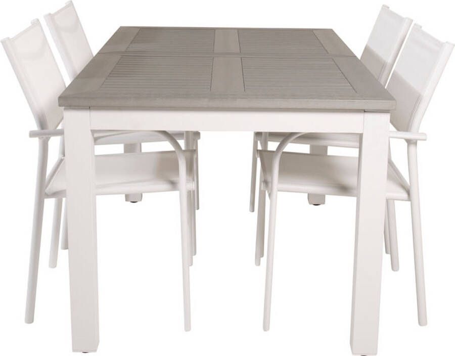 Hioshop Albany tuinmeubelset tafel 90x152 210cm en 4 stoel Santorini wit grijs crèmekleur