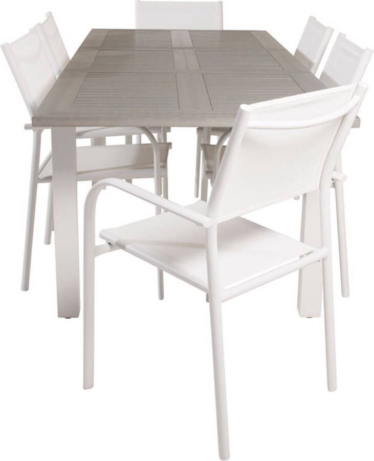 Hioshop Albany tuinmeubelset tafel 90x152 210cm en 6 stoel Santorini wit grijs crèmekleur
