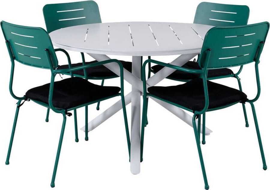 Hioshop Alma tuinmeubelset tafel Ø120cm en 4 stoel Nicke groen wit.