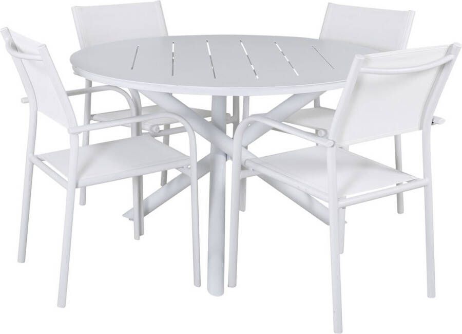 Hioshop Alma tuinmeubelset tafel Ø120cm en 4 stoel Santorini wit.
