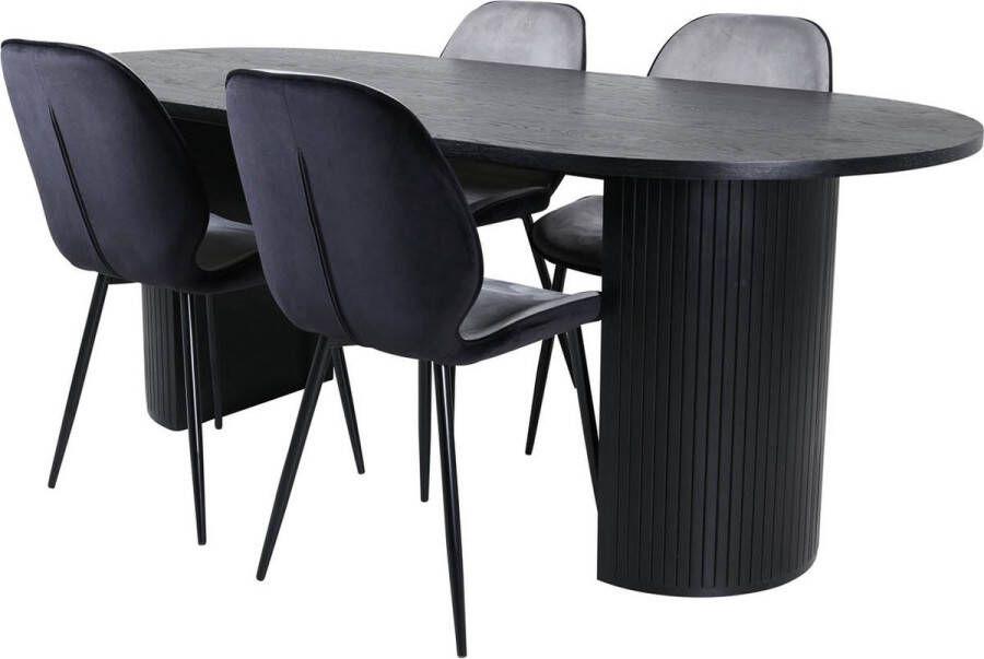 Hioshop BiancaBL eethoek eetkamertafel zwart en 4 Emma eetkamerstal velours grijs zwart.