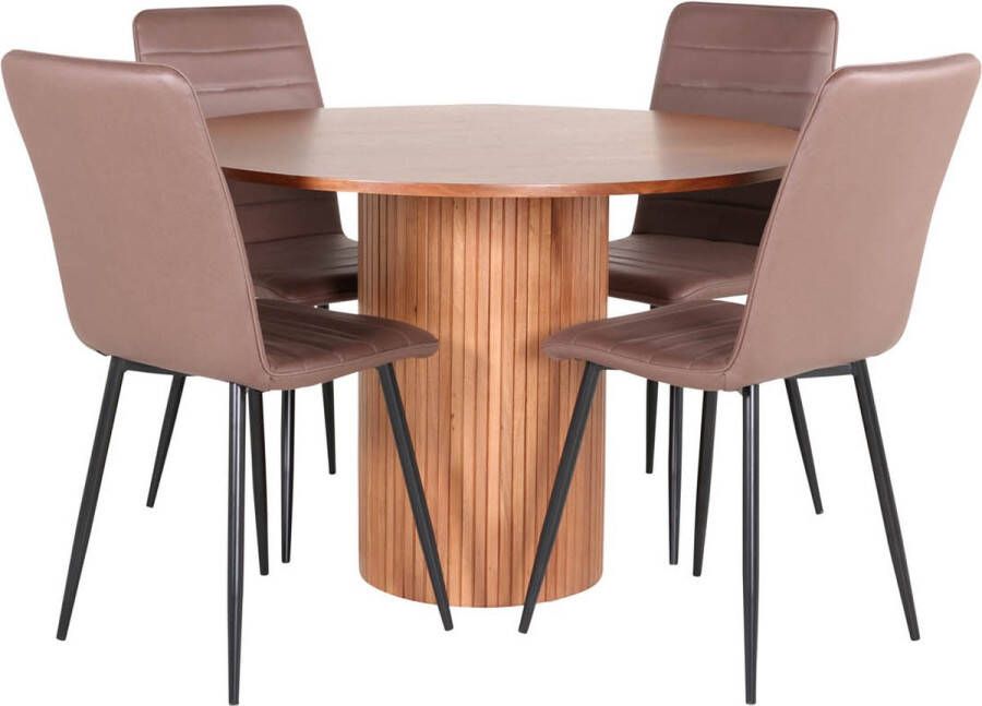 Hioshop BiancaROWA eethoek eetkamertafel eik fineer en 4 Windu Lyx eetkamerstal bruin.