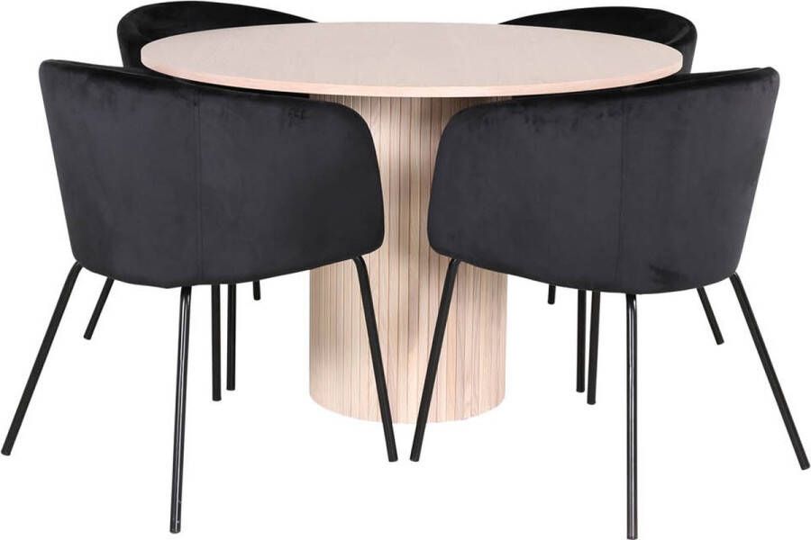 Hioshop BiancaROWW eethoek eetkamertafel eik fineer wit washed en 4 Berit eetkamerstal velours zwart.