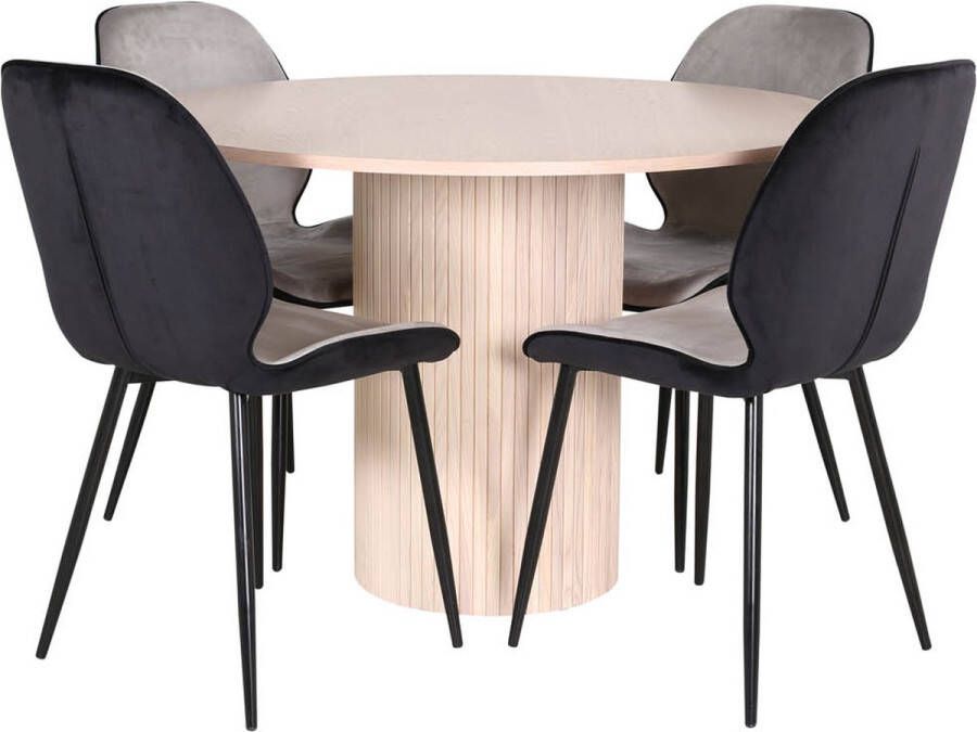 Hioshop BiancaROWW eethoek eetkamertafel eik fineer wit washed en 4 Emma eetkamerstal velours grijs zwart.