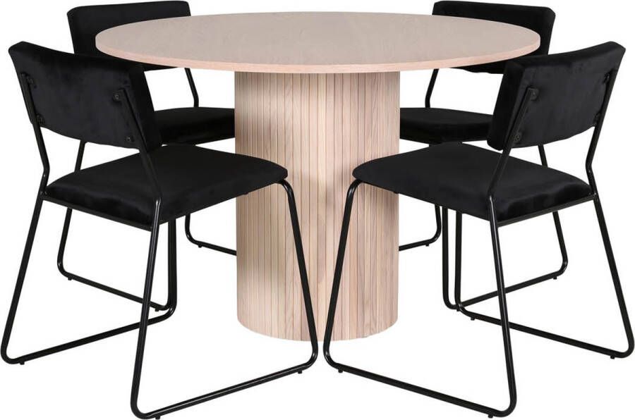 Hioshop BiancaROWW eethoek eetkamertafel eik fineer wit washed en 4 Kenth eetkamerstal velours zwart.