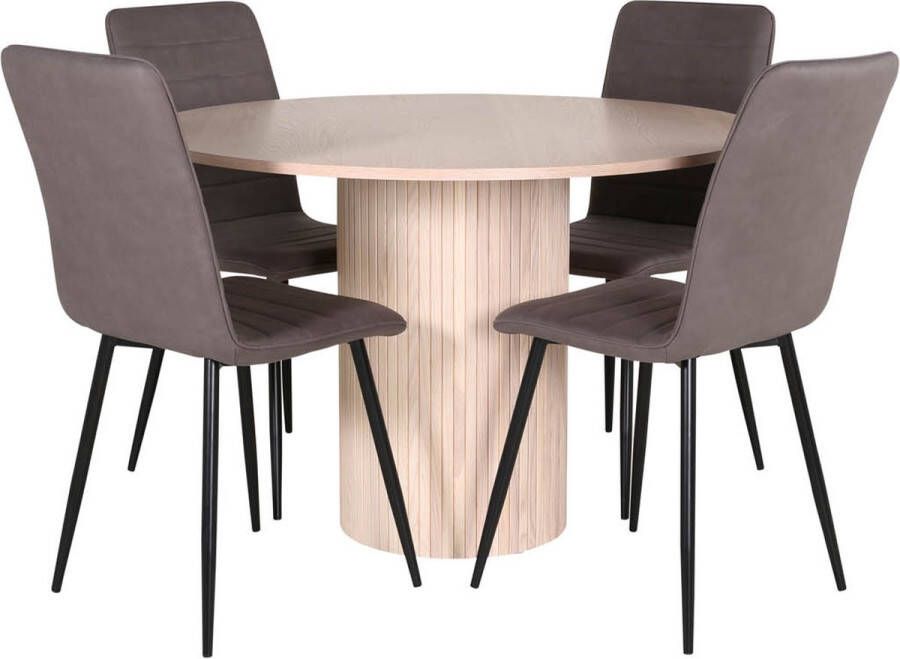 Hioshop BiancaROWW eethoek eetkamertafel eik fineer wit washed en 4 Windu Lyx eetkamerstal grijs.