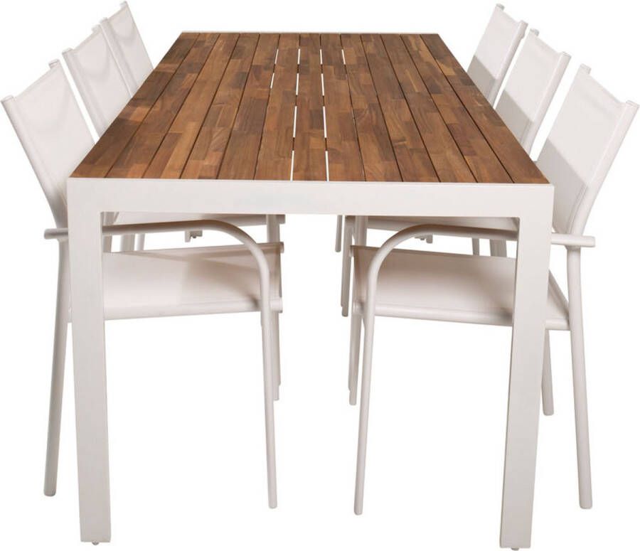 Hioshop Bois tuinmeubelset tafel 90x205cm en 6 stoel Santorini wit naturel