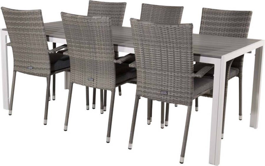 Hioshop Break tuinmeubelset tafel 90x205cm grijs 6 stoelen Anna grijs