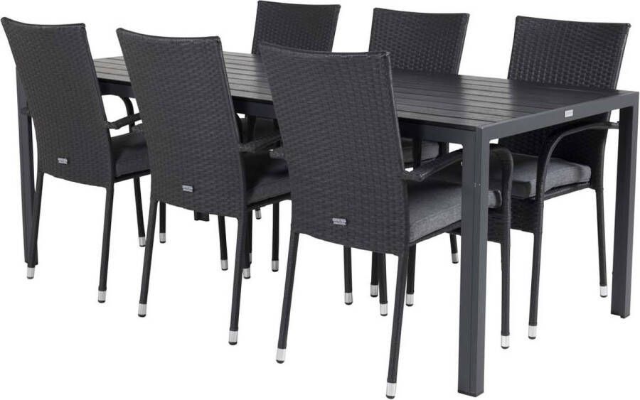 Hioshop Break tuinmeubelset tafel 90x205cm zwart 6 stoelen Anna zwart