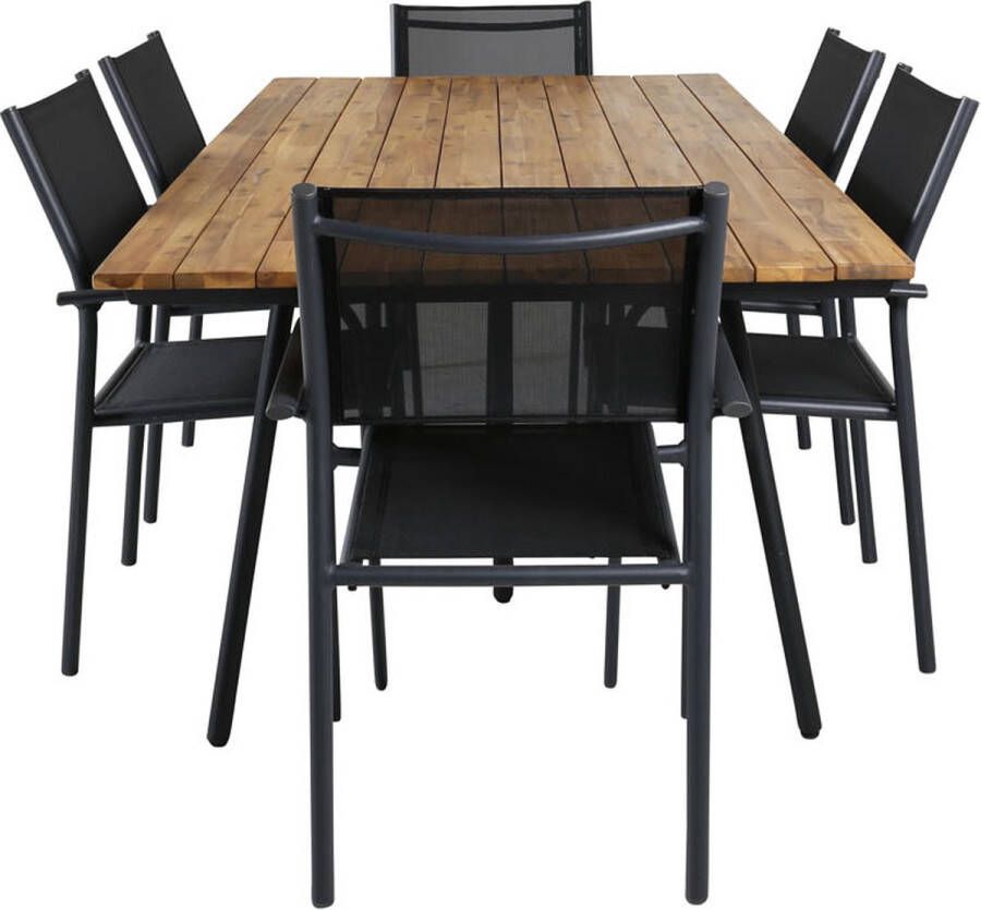 Hioshop Chan tuinmeubelset tafel 100x200cm en 6 stoel Santorini zwart naturel