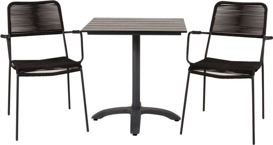 Hioshop Colorado70*70 tuinmeubelset tafel 70x70cm en 2 stoel armleuningS Lindos zwart