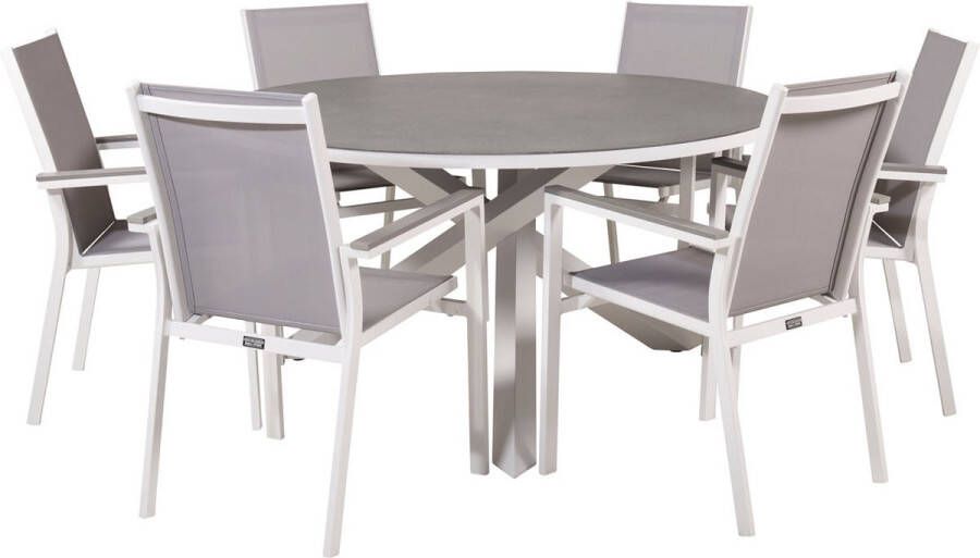 Hioshop Copacabana tuinmeubelset tafel Ø140cm en 6 stoel Parma wit grijs crèmekleur