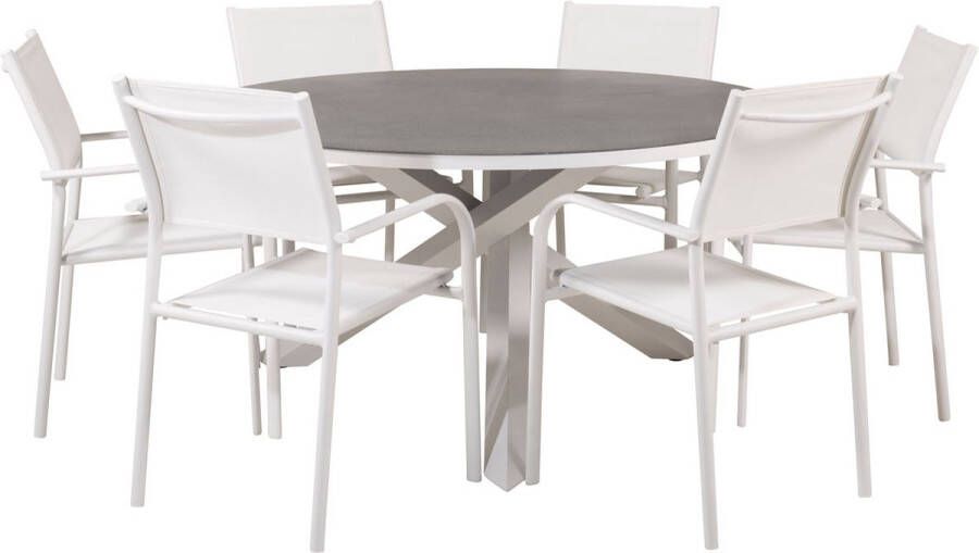 Hioshop Copacabana tuinmeubelset tafel Ø140cm en 6 stoel Santorini wit grijs crèmekleur