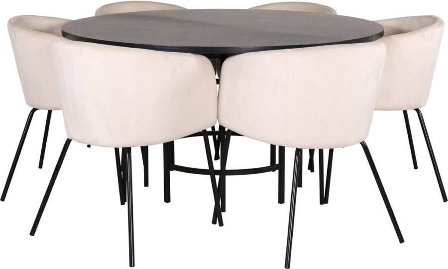 Hioshop Copenhagen eethoek eetkamertafel bruin en 6 Berit eetkamerstal velours beige.