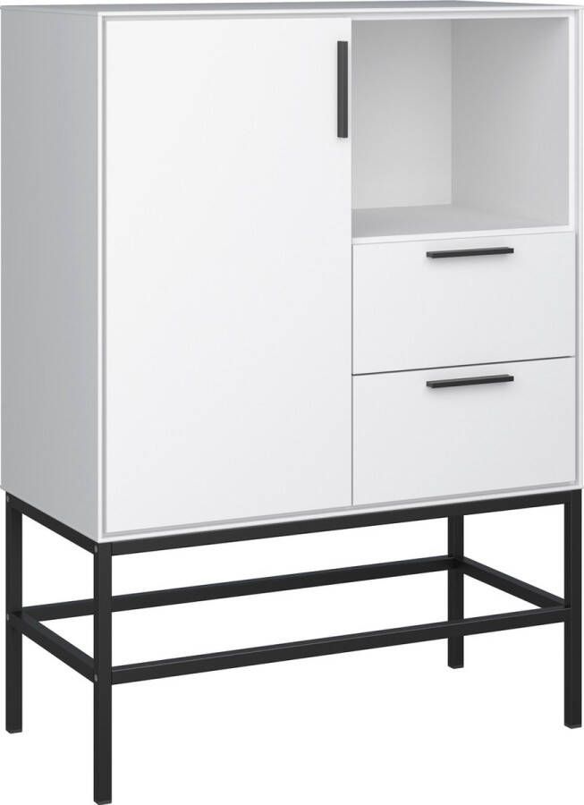 Hioshop Cris dressoir 1 deur en 2 lades wit gelakt zwart metalen frame.