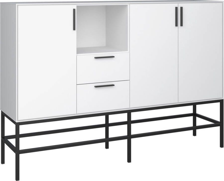 Hioshop Cris dressoir 3 deuren en 2 lades wit gelakt zwart metalen frame.