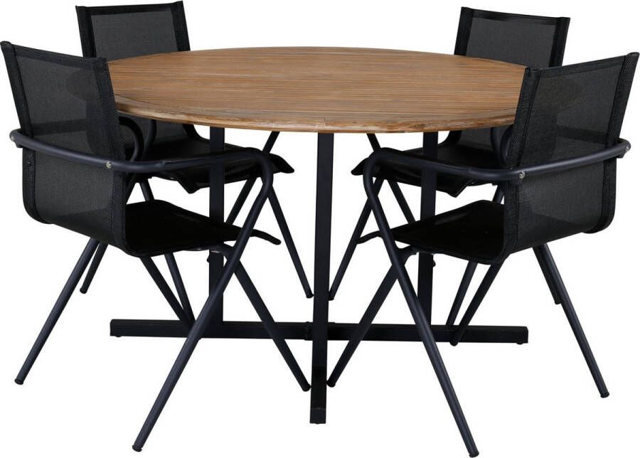 Hioshop Cruz tuinmeubelset tafel Ø140cm en 4 stoel Alina zwart naturel