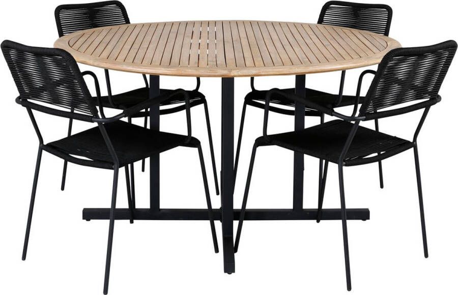 Hioshop Cruz tuinmeubelset tafel Ø140cm en 4 stoel armleuning Lindos zwart naturel