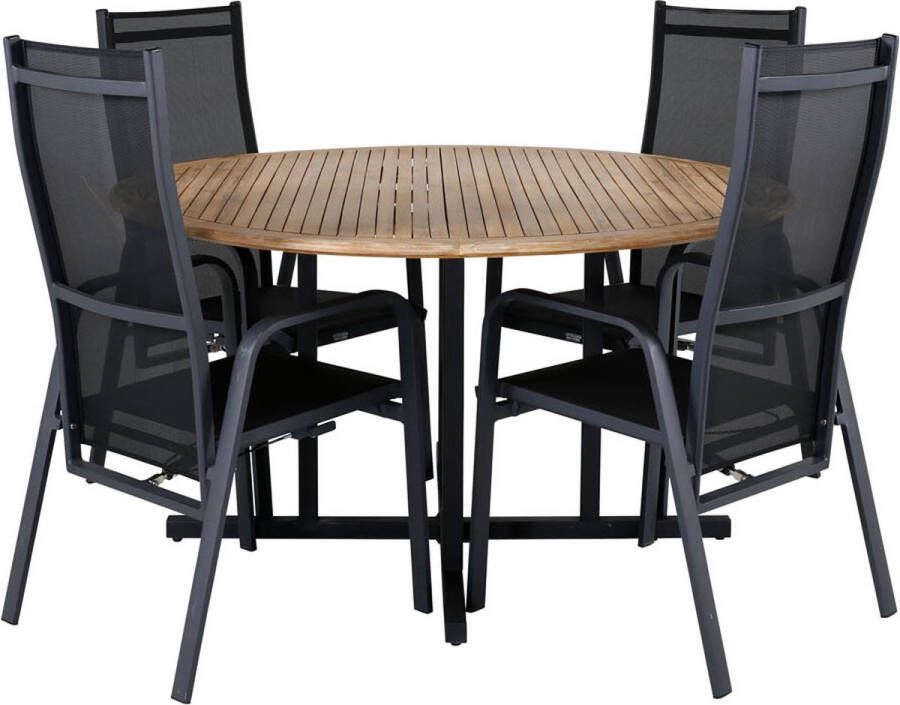 Hioshop Cruz tuinmeubelset tafel Ø140cm en 4 stoel Copacabana zwart naturel