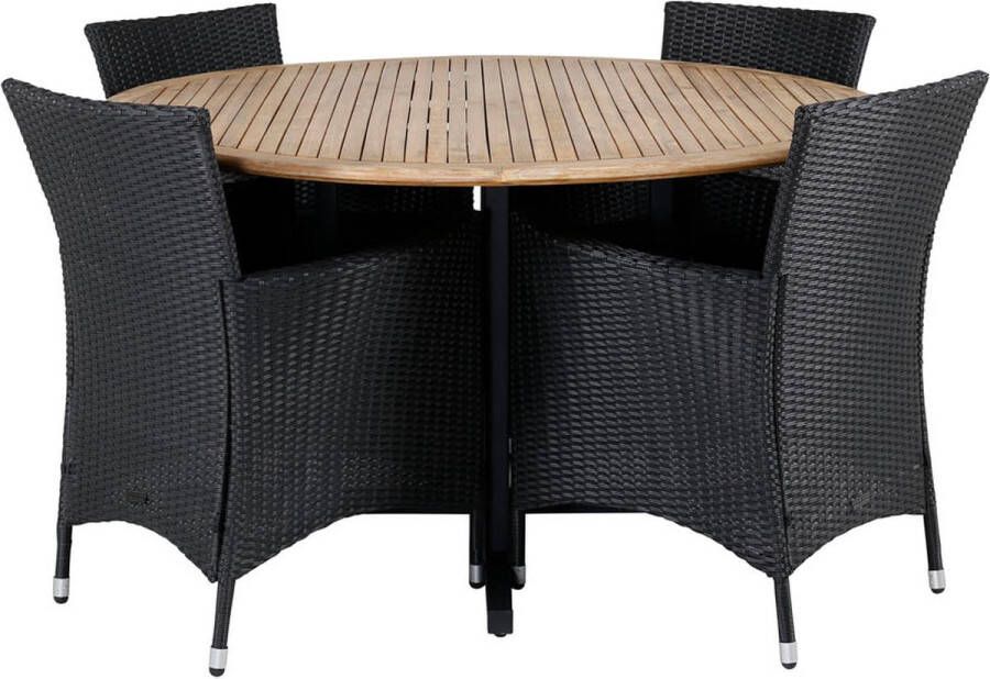 Hioshop Cruz tuinmeubelset tafel Ø140cm en 4 stoel Knick zwart naturel