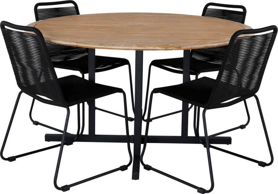 Hioshop Cruz tuinmeubelset tafel Ø140cm en 4 stoel stapel Lindos zwart naturel