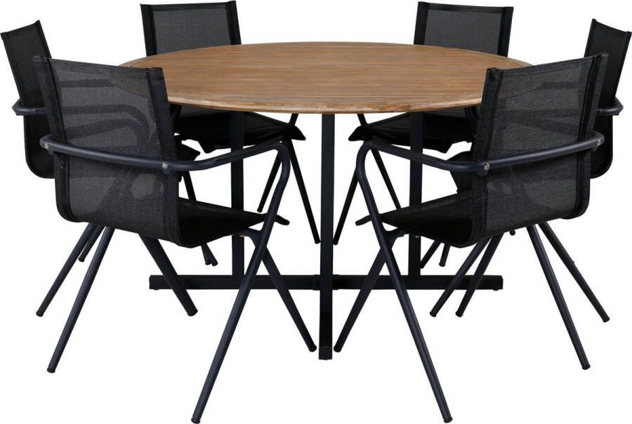Hioshop Cruz tuinmeubelset tafel Ø140cm en 6 stoel Alina zwart naturel