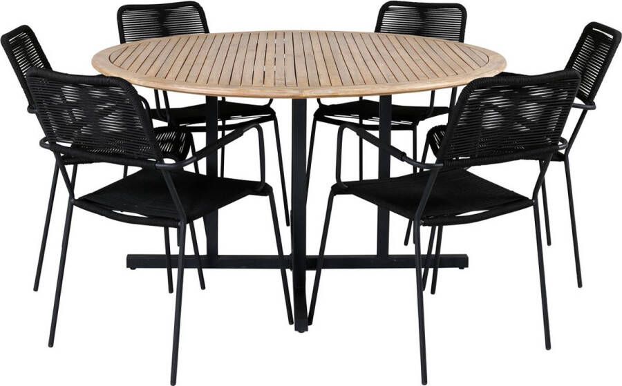 Hioshop Cruz tuinmeubelset tafel Ø140cm en 6 stoel armleuning Lindos zwart naturel