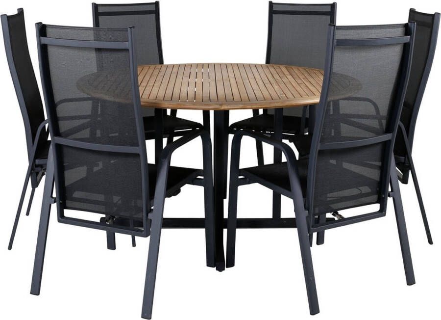 Hioshop Cruz tuinmeubelset tafel Ø140cm en 6 stoel Copacabana zwart naturel