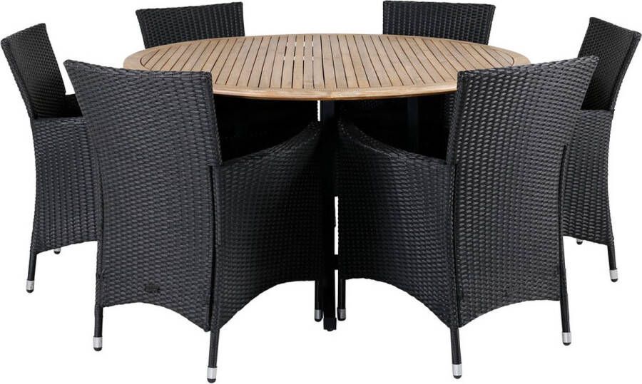 Hioshop Cruz tuinmeubelset tafel Ø140cm en 6 stoel Knick zwart naturel