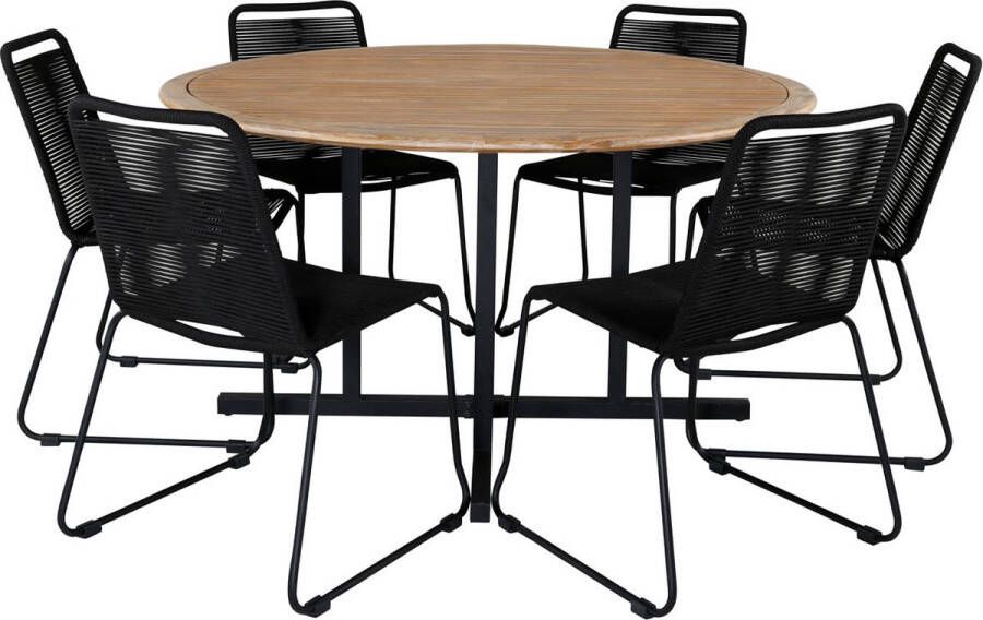 Hioshop Cruz tuinmeubelset tafel Ø140cm en 6 stoel stapel Lindos zwart naturel