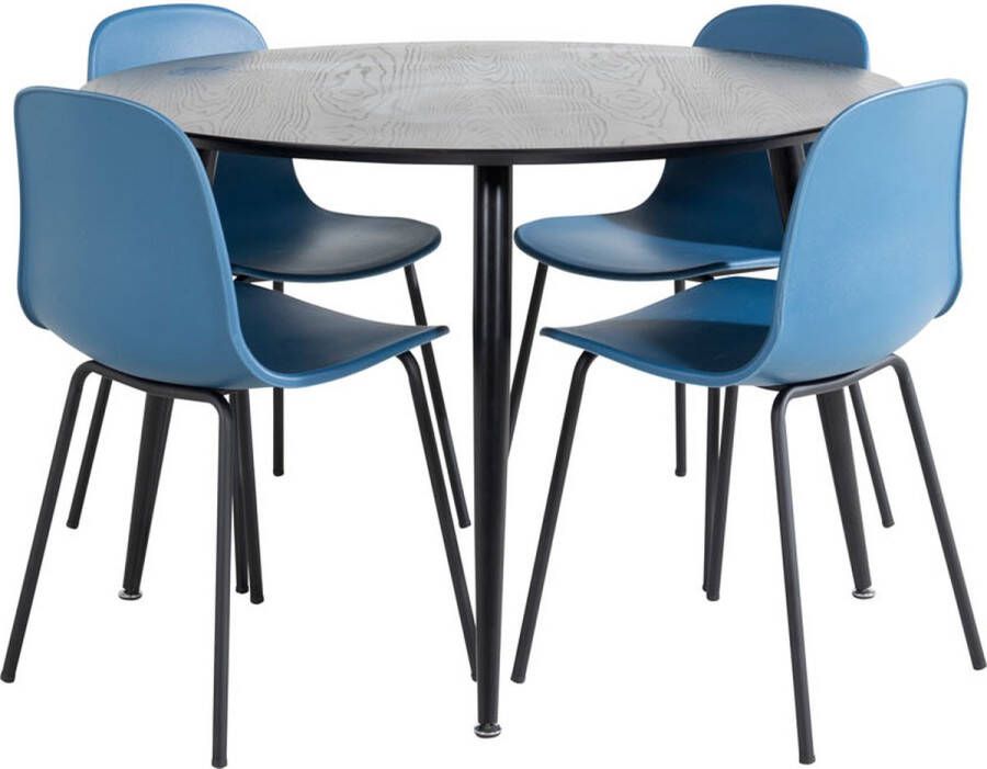 Hioshop DippØ115BLBL eethoek eetkamertafel zwart en 4 Arctic eetkamerstal blauw zwart.