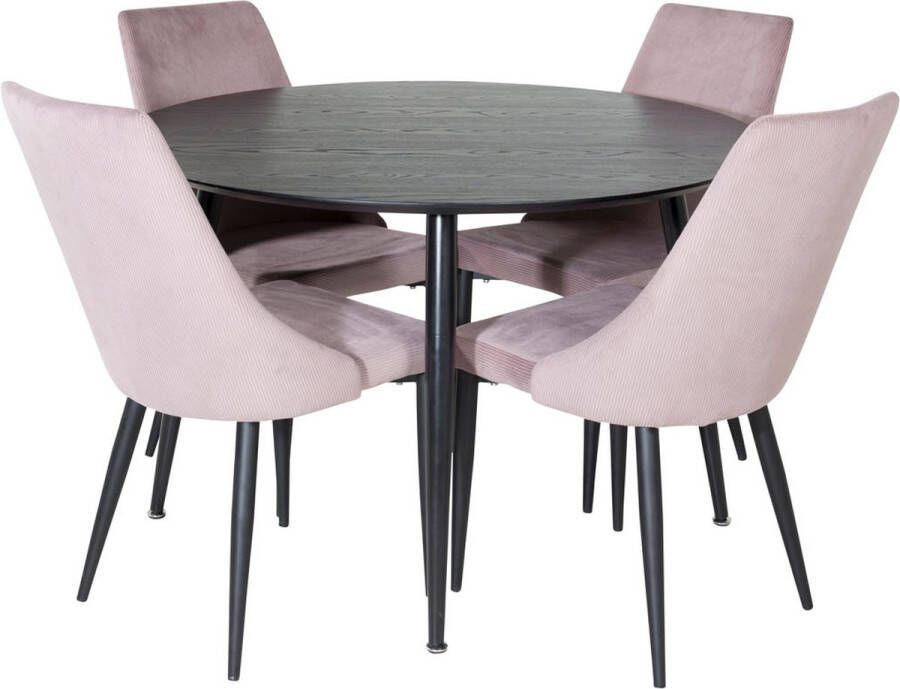 Hioshop DippØ115BLBL eethoek eetkamertafel zwart en 4 Leone eetkamerstal fluweel roze zwart.