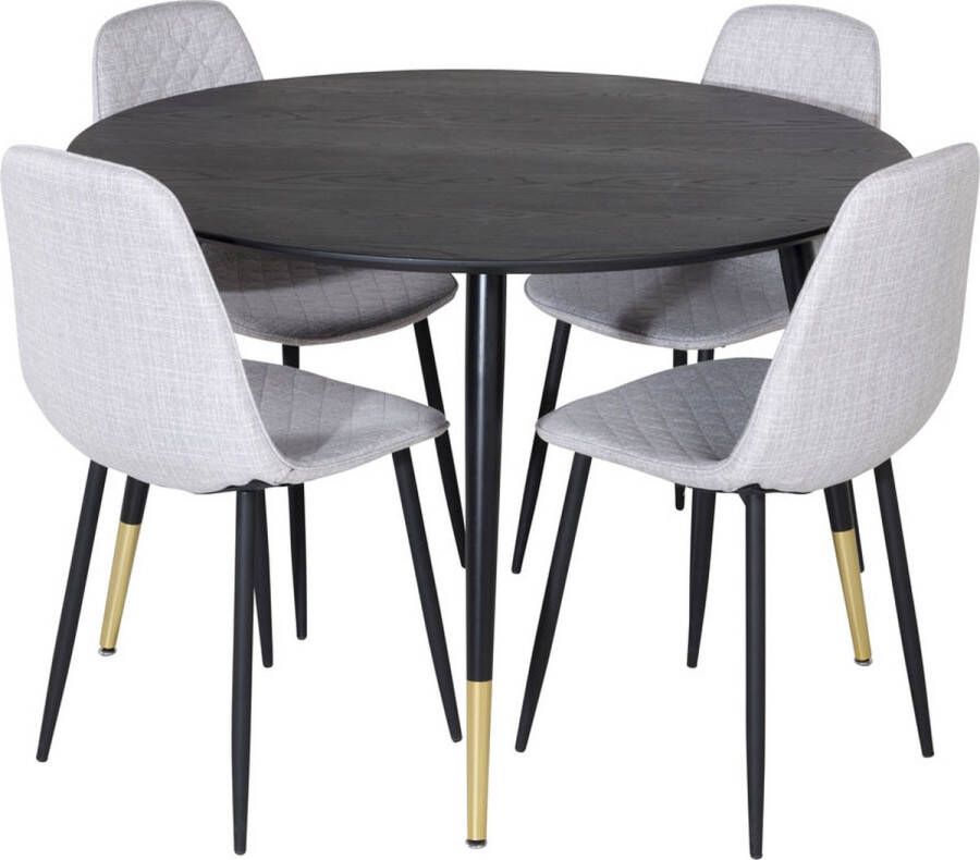 Hioshop DippØ115BLBR eethoek eetkamertafel zwart en 4 Polar Diamond eetkamerstal grijs.