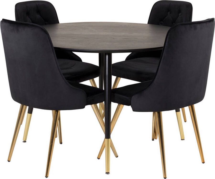 Hioshop DippØ115BLBR eethoek eetkamertafel zwart en 4 Velvet Deluxe eetkamerstal velours zwart messing decor.