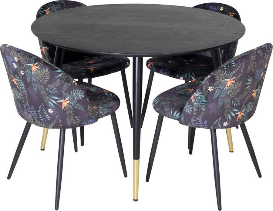 Hioshop DippØ115BLBR eethoek eetkamertafel zwart en 4 Velvet eetkamerstal velours gebloeid.