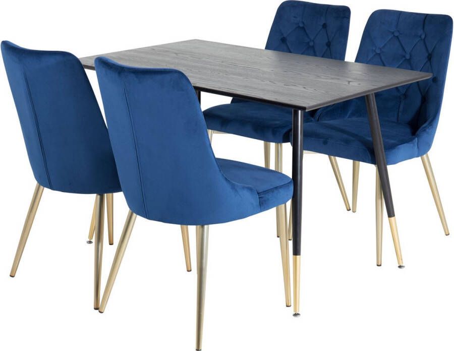 Hioshop Dipp120x85BLBR eethoek eetkamertafel zwart en 4 Velvet Deluxe eetkamerstal velours blauw messing decor.