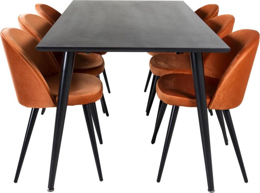 Hioshop Dipp180x90BLBL eethoek eetkamertafel zwart en 6 Velvet eetkamerstal velours oranje zwart.