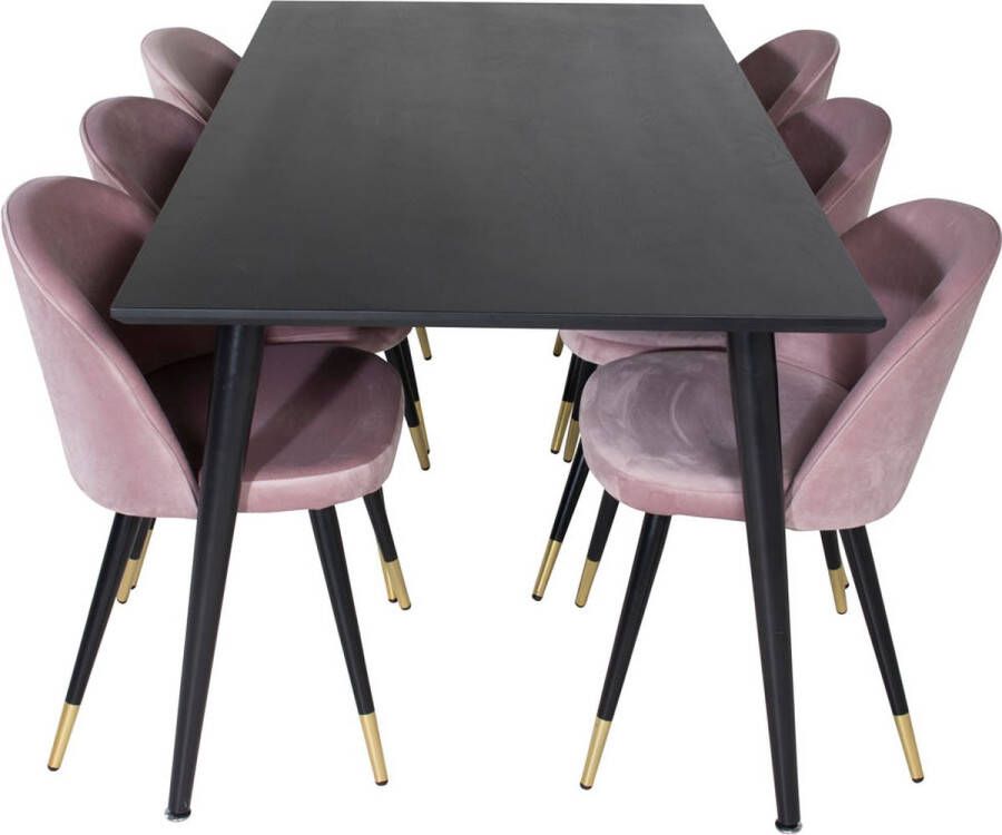 Hioshop Dipp180x90BLBL eethoek eetkamertafel zwart en 6 Velvet eetkamerstal velours roze zwart messing decor.